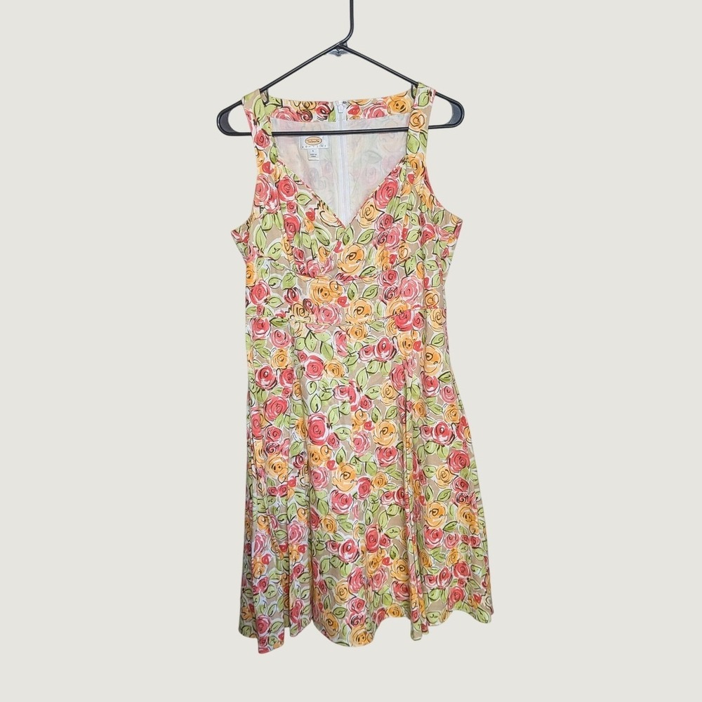 Talbots Petites Cottage Floral Rose Fit Flare Dress Pink Yellow Size 8P Petite